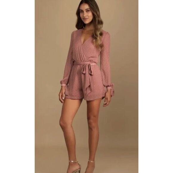 Lulus Pants - Lulus Closer Look Dusty Rose Mauve Swiss Dot Tie Sleeve Romper Size Small